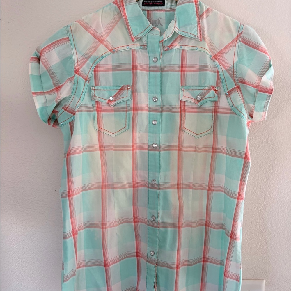 Rock & Roll Cowgirl Plaid Button-Up Shirt - Mint and Coral